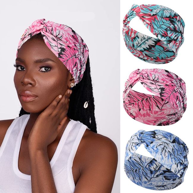 Fashband Boho Stirnbänder Elastisches Frauen Stirnband Rosa Blume Haarbänder Criss Cross Head Scarf Vintage Haarschmuck für Frauen und Mädchen