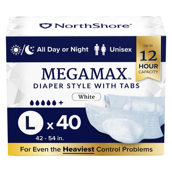 NorthShore MegaMax Adult Overnight Diapers, 12-Hour Tab-Style, Large, 40 Count Case, White, 42-54 inches, Unisex Incontinence Underwear