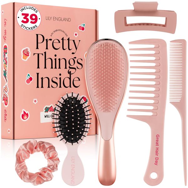 6 Pcs Hair Brush Set with Brush & Combs - Detangling Brush for All Hair Types with Wide Tooth & Tail Comb, Scrunchie & Claw Clip - Hair Care Gift Set with Stickers for Teen Girls, Women & Kids