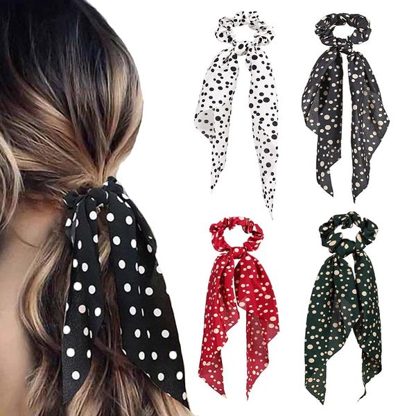 Chennie Bowknot Hair Scrunchies Black Bow Hair Ties Elastic Hair Scarf Hair Ropes Fashion Hair Accessories with Dot for Women and Girls (Pack of 4)