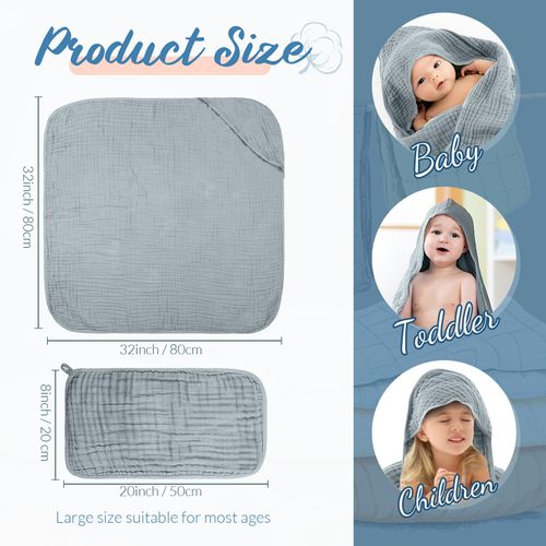 VitalCozy 8 Pcs Baby Muslin Hooded Bath Towels and Washcloths, 32 x 32 Inch Muslin Cotton Hooded Baby Towels Absorbent Hooded Blankets for Gift Newborn Infant Baby Shower (Blue,White)