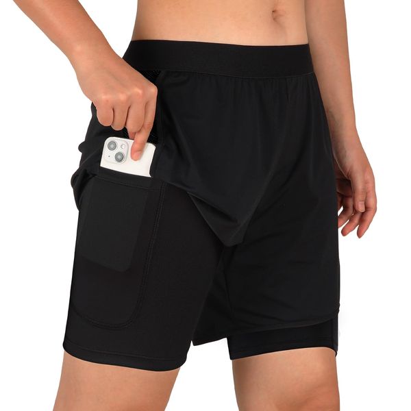 beroy 2 in1 Shorts for Women, Running Shorts for Women,Workout Shorts Womens Black L