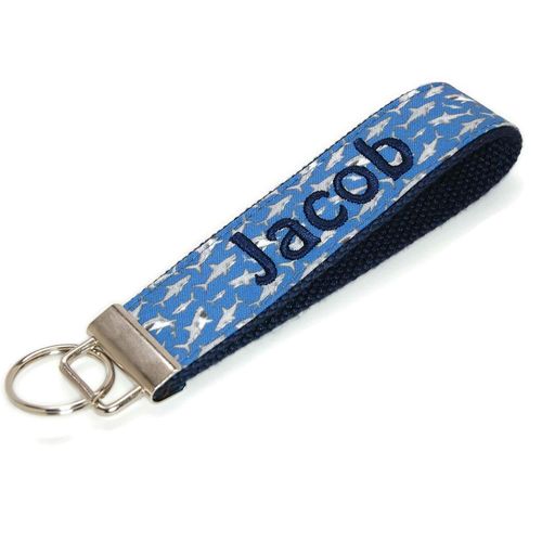 Sharks on Blue Keychain Personalized Key Fob with Your Choice of Name and Color