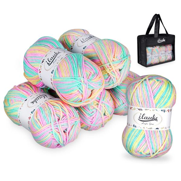 6 x 50g Balls of Assorted Double Knitting Yarn ilauke Multi-Colored Acrylic Yarn Set Weaving Yarn Crochet Thread (Pink Yellow Blue,4-Ply)