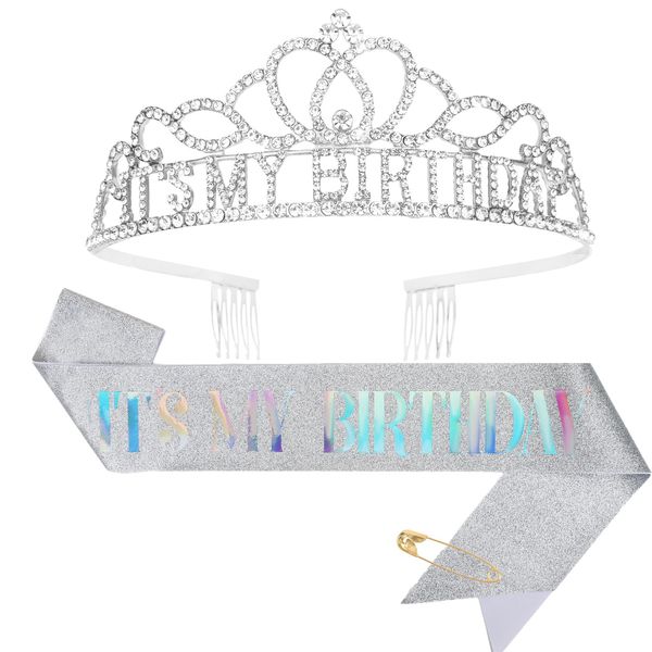 BAHABY Silver Birthday Crown for Women It's My Birthday Sash & Rhinestone Tiara Set Princess Birthday Sash and Tiara for Women Birthday Decorations Rhinestone Headband for Women Girls