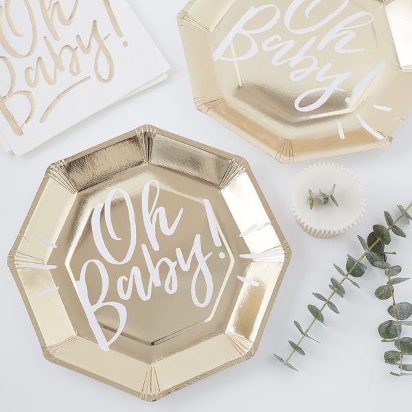 Ginger Ray Gold Foiled Oh Baby Shower Paper Party Plates 8 Pack