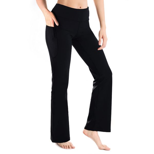 Yogipace,Side Pockets,Petite Women's Bootcut Yoga Pants Workout Pants with Side Pockets,27",Black,Size L