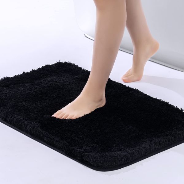 RECYCO Bath Mat, Quick Drying, Washable, Foot Wiping Mat, Non-Slip, Absorbent, Fluffy, Antibacterial, Odor Resistant, Bathroom Mat, Entrance Mat, Black, 16.9 x 24.0 inches (43 x 61 cm)