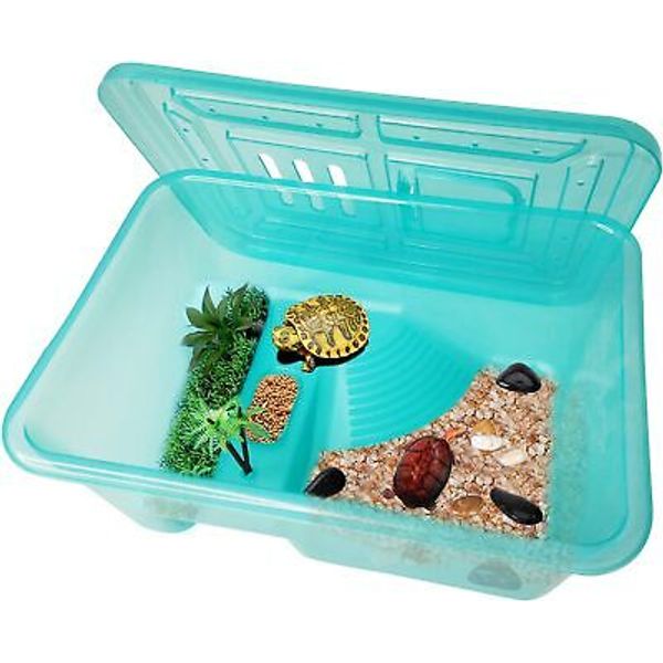 Fhiny Turtle Tank with Lid, Plastic Reptile Terrarium Small, Blue