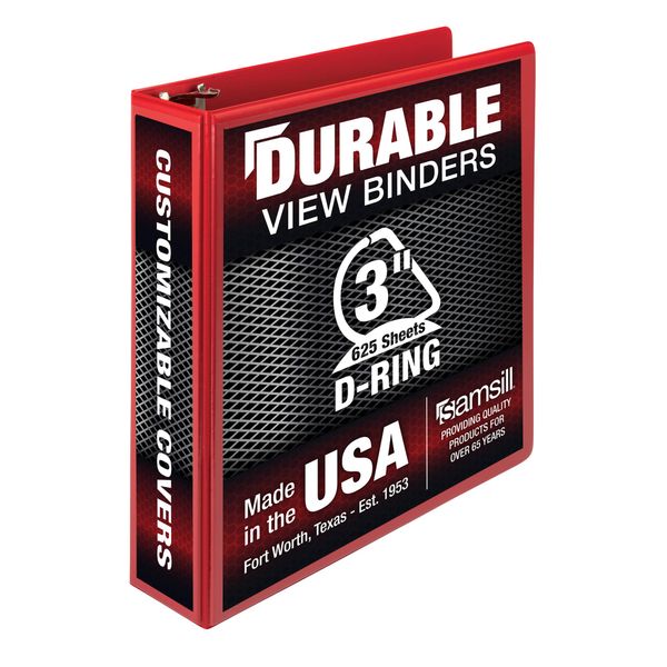 Samsill Durable 3 Inch Binder, Made in the USA, D Ring Binder, Customizable Clear View Cover, Red, Holds 625 Pages