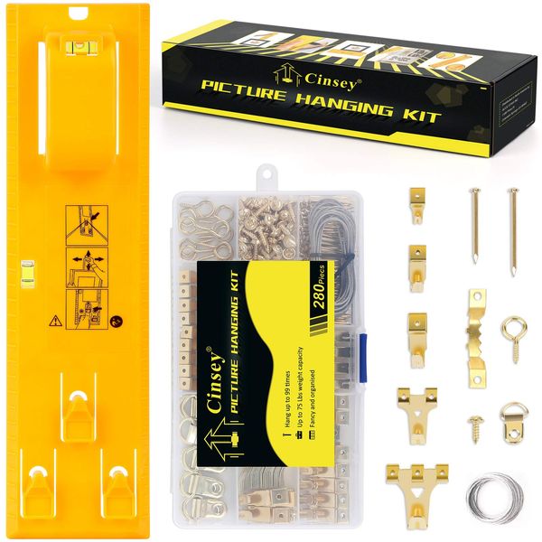 Picture Hanging Kit, Picture Frame Hanger Tool with Level Measuring Ruler,280 Pieces Wall Picture Hangers Photo Frame Hooks Accessories(Yellow Hanging Tool)