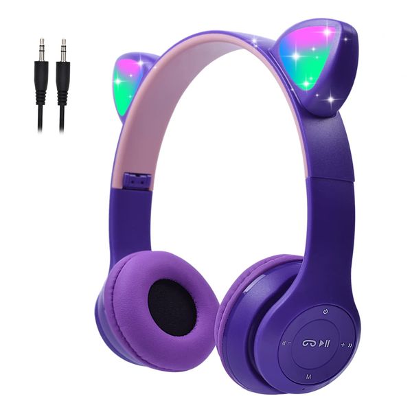 Megadream Kids Wireless Headphones, Bluetooth Over Ear Headphones with Microphone, Cat Ear LED Light Child Headset TF Card/Wired Foldable Earphones for Girls Boys Gift Age 7+(Purple)