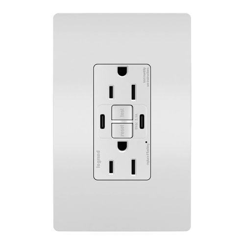 Legrand Radiant 1597TRUSBCCW 15 Amp GFCI Self Test Tamper Resistant Decorator Duplex Outlet with USB Type C, White with Screwless Wall Plate (1 Count)