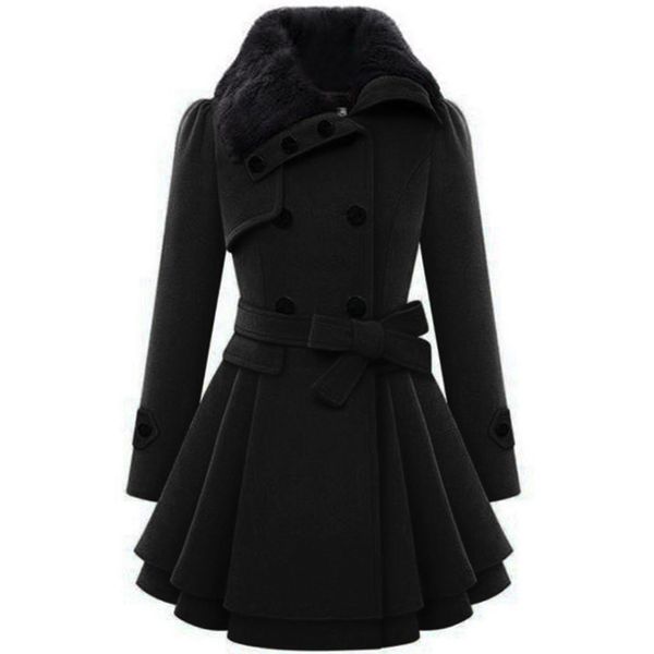 Zeagoo Women's Fashion Faux Fur Lapel Double-breasted Thick Wool Trench Coat Jacket, Black ,Large