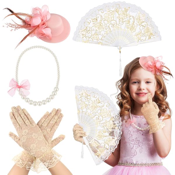 Sintege 4 Pcs Girls Tea Party Supplies Set Tea Party Gloves Hats Girls Tea Party Necklace Fan for Girls Tea Party Favor(Champagne)