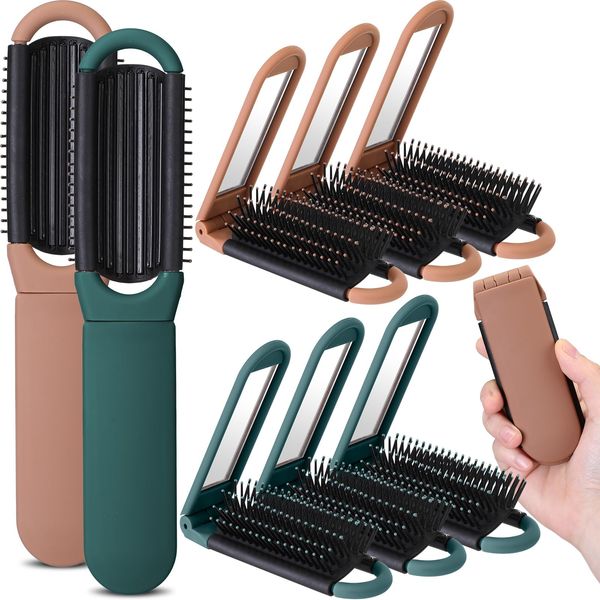 Uiifan 8 Pcs Folding Travel Hair Brush with Mirror Mini Foldable Hair Brush for Women Compact Pocket Size Purse Brushes Collapsable Massage Comb for Men Gym Bag Car Purse Locker, Dark Green, Brown