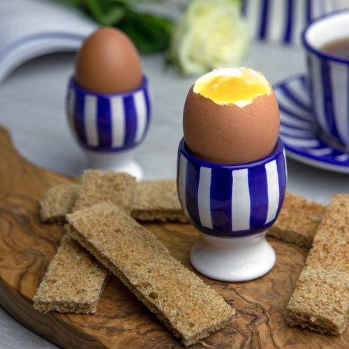 City to Cottage Ceramic Egg Cup Holder Set of 2, Soft Boiled Egg Cups, Hard Boiled Eggs Stand Holders, Breakfast Cooking Kitchen Egg Serving Cup, Handcrafted Egg Cups (Navy Blue Stripe Coastal)