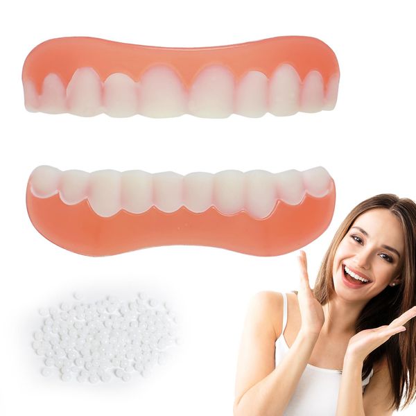 Silicone Reline Denture Set, 1 Pair Clip in Veneers False Teeth, Comfortable Silicone Dentures for No Teeth, Instant Smile Clip in Top and Bottom Veneers Teeth for Men Women Tooth Repairing