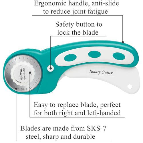 45mm Rotary Cutter with 5pcs Extra Blades, Ergonomic Handle Rolling Cutter with Safety Lock for Fabric, Leather, Crafting, Sewing, Quilting, Fabric Rotary Cutter Perfect for Left & Right Hand