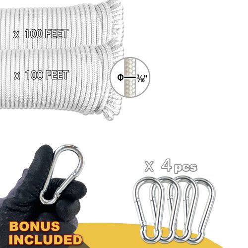 Wellmax Diamond Braided Polypropylene Rope with Uv Treatment and Weather Resistant, 2 Pack 3/16 Inch X 100ft White with 4 Bonus Spring Links
