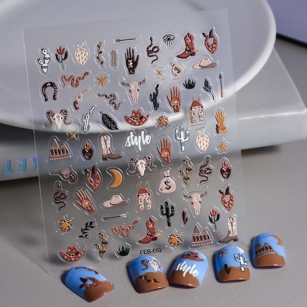 Retro Cowboy Nail Art Stickers Western Cowboy Style Self-Adhesive DIY Nail Decals Brown Cowboy Hat Designs Nail Stickers for Nail Art Retro Style Nail Art Decals Nail Art Design Decoration Nail 1PCS