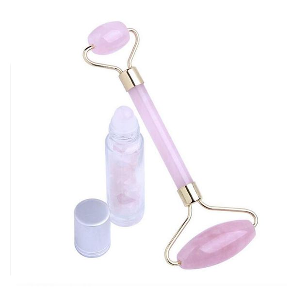 Natural Rose Quartz Massage Jade Roller Massager Natural Jade Double Head Beauty Stone Roller Ball Bottle Reiki