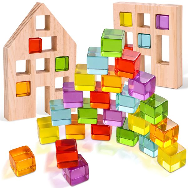 Woodtoe Wooden Building Blocks Set for Kids, 24 PCS Rainbow Gem Cubes Stacking Blocks - 2 Wood House, Montessori Stacking Toy for Toddlers, Educational STEM Birthday Toy for Boys Girls 3-6