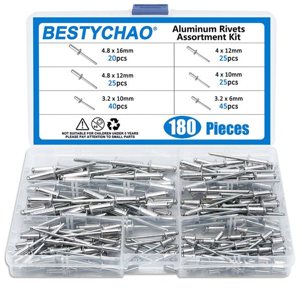 BESTYCHAO 180pcs 6 Sizes Aluminum Blind Rivets, Pop Rivets Assortment Kit (Silver)