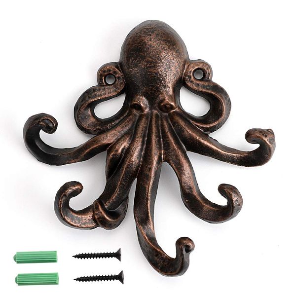 BSTKEY Cast Iron Octopus 5 Tentacles Decorative Wall Hook - Rustic Towel Hook Key Hook Coat Coat Rack Towels Holder (Red Bronze)