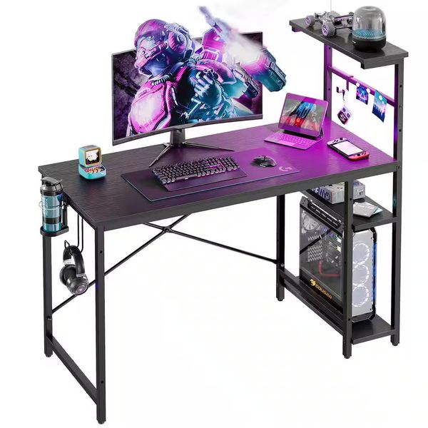 44 In. Rectangular Black Grained Gaming Desk with RGB LED Lights Computer Desk w