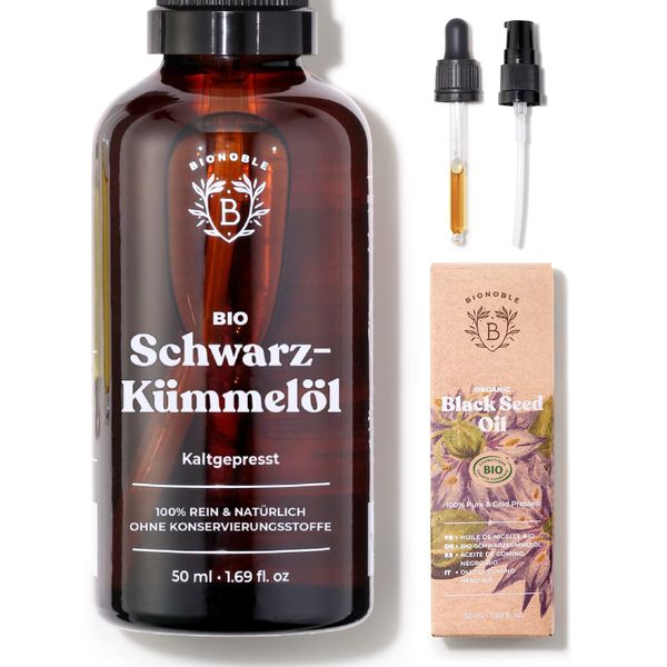 Bionoble Schwarzkümmelöl Bio 50ml - Glasflasche + Pipette + Pumpe - 100% Kaltgepresst + Ungefiltert - Gesicht, Körper, Haare - Ägyptisches Schwarzkümmel Öl - Vegan Organic Black Seed Oil