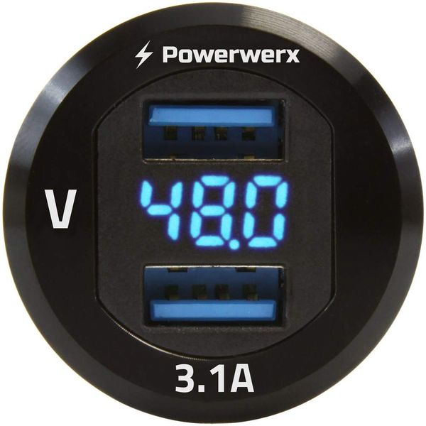 Powerwerx PanelUSB48 Panel Mount Dual USB 3.1A Fast Device Charger with Digital Voltage Display for 24/36/48V Systems
