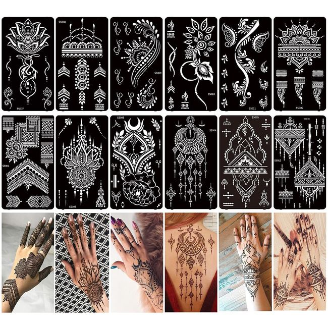 XMASIR 12 Blatt Temporäre Tattoos Henna Schablone Set, Indischer Arabischer Hände Tattoos Schablonen Aufkleber Flower Pattern Designs AirBrush Tattoo für Frauen Mädchen