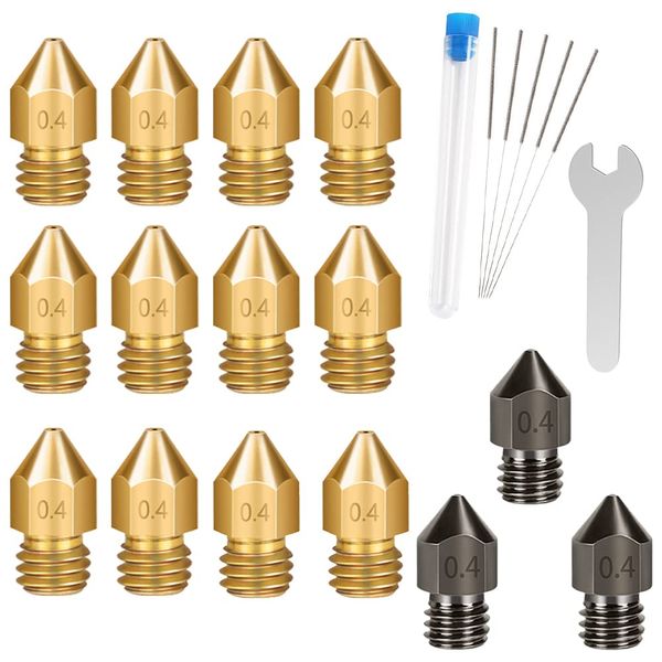 3D Printer Nozzles 0.4mm MK8 Hardened Steel (3pcs) + Brass (12pcs) Replacement Nozzle Print Head 1.75mm Filament Cleaning Needles (5) 3D Printer Parts Genuine Creality Ender 3 / Ender 3 Pro / Ender 3