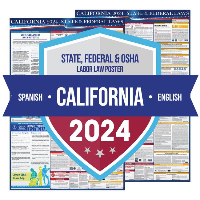 2024 California State and Federal Labor Laws Poster - Combo Spanish English - OSHA Workplace Compliant FLSA FMLA and EEOC Updates - All in One Required Compliance Posting 24" x 36" - Laminated (Combo)