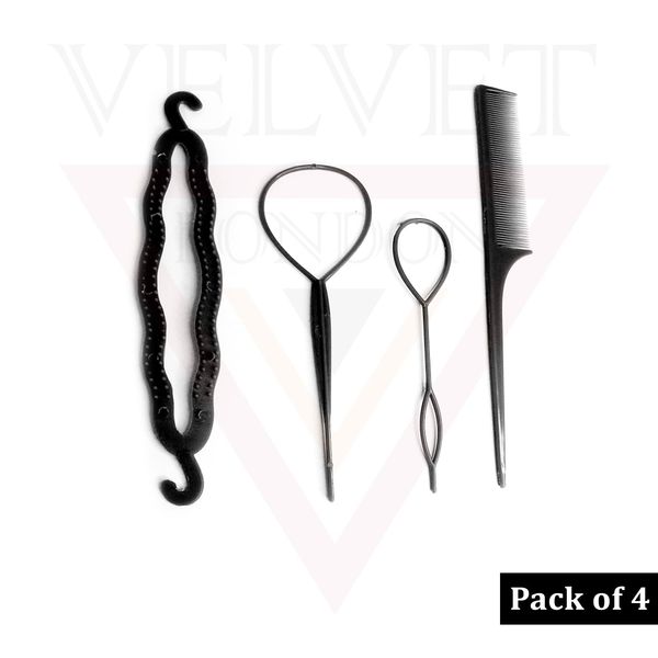 Velvet London Topsy Tail 4PCS Hair Styling Tools, Hair Bun Maker, Hair Braid Tool, DIY Hair Accessories, Hair Modelling Tool Kit, Hair Accessories for Women Girls (Black)