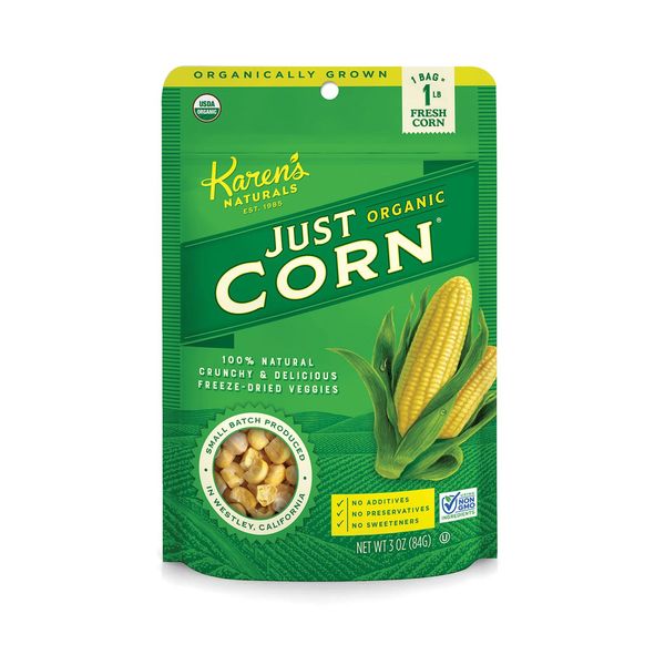 Karen's Naturals Organic Just Corn, 3 Ounce Pouch, All Natural Freeze Dried Vegetables, Keto, Vegan, Gluten Free, Healthy Dried Veggie Snacks with No Additives or Preservatives, Dairy Free, Non-GMO