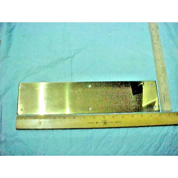 USED BRASS DOOR PUSH PLATE 6 SCREW HOLES 3.5 IN X 15 IN.