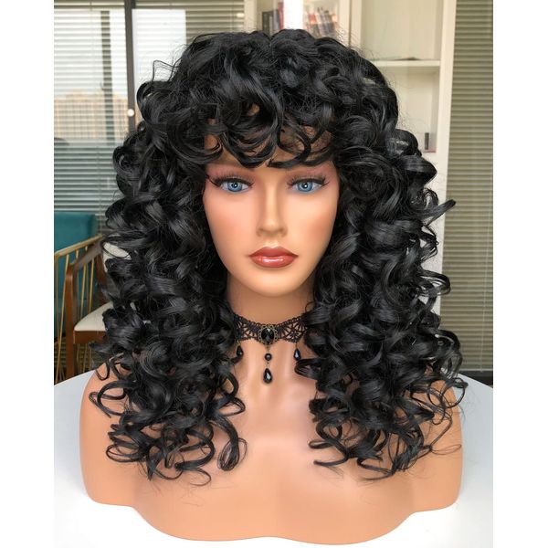 Annivia Curly Wig with Bangs for Black Women Black Kinky Long Curly Wig Synthetic Hair Daily Use Cosplay 17 Inch