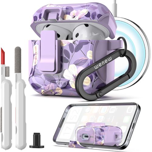 wenew Compatible with AirPods 4th Generation Case Cover with Phone Stand, Cleaner, Clip, Compatible with Magsafe Charger, One-Click Pop Open Lock iPod 4th Case (Purple 2, AirPods 4th)