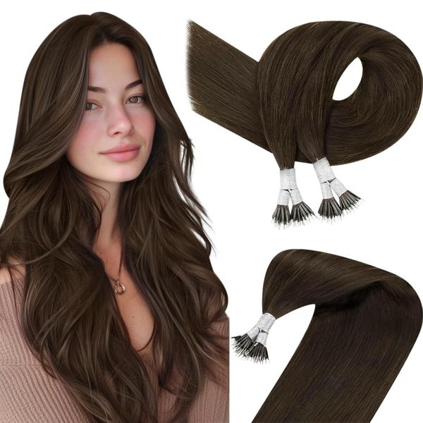 Easyouth Brown Nano Hair Extensions Real Human Hair Darkest Brown Nano Bead Hair Extensions 14 Inch 50g/50s Nano Ring Hair Extensions Pre Bonded Hair Remy Natural