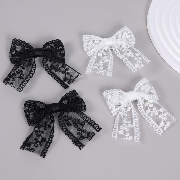 3in Small Lace Ribbon Hair Bow Clips with Long Tail 4pcs White Black Lace Fabric Alligator Hair Pins Barrettes Kids Baby Flower Girls Wedding 1ST Communion Party Dress Decor Accessory Gift