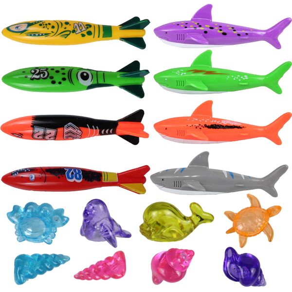 CraftEdge Dive Shark Torpedo Pool Toys, 8 Pcs Pool Sharks + 8 Pcs Sea Animals for Kids, Underwater Training Diving Set, Swimming Pool Party Game Toy for Kids Summer Gifts