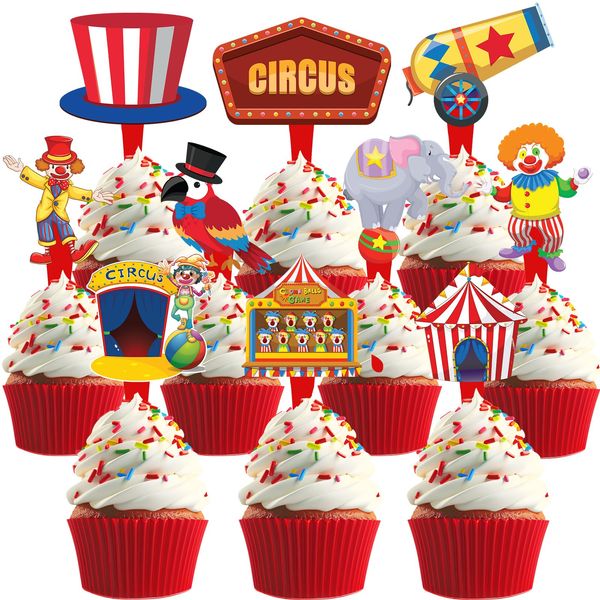 40 Pcs Circus Cupcake Toppers - Carnival Party Decorations and Circus Party Cupcake Toppers - Perfect for Circus Birthday Cupcake Toppers, Carnival Baby Shower,and Circus Cake Decor