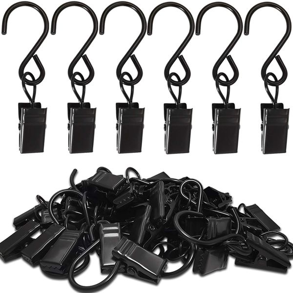 AMZSEVEN Stainless Steel S Hooks Curtain Clips, 50 Pack Hanging Party Lights Clips Hangers Gutter Photo, Art Craft Display, 2.4 Inch Long, Black