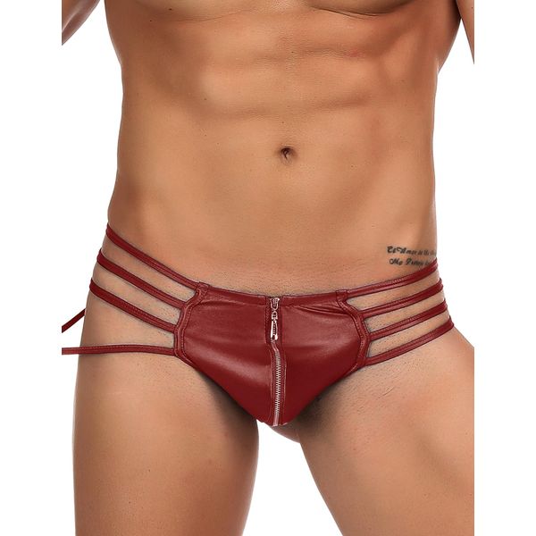 ohyeahlady String Tanga Herren Sexy Kunstleder mit Reißverschluss Gummi Unterwäsche Männer Ouvert Thong G-String Wetlook Elastizität Weihnachten Große Größen Unterhosen T-Back(Rot,L)