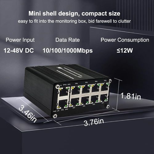 10-Port Gigabit Industrial Ethernet Switch，Grade Unmanaged Network Hub with Din-Rail or Wall Mount, Full Duplex Desktop,Fast Connection,Plug and Play, Rugged Metal Case, Wide Temperature Range