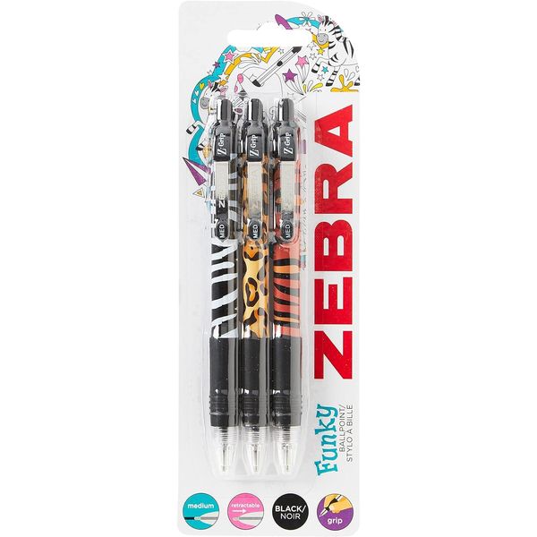 ZEBRA Pen Z Grip Black Pens Ballpoint, Smooth & Funky Ballpoint Pens With Pocket Clip, Retractable Black Ink Ballpoints, Reliable Black Biro Multipack - Animal Design, 3pk, packaging may vary