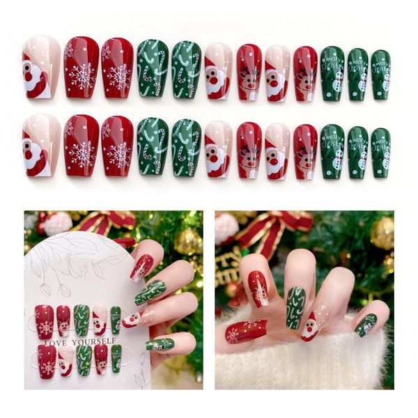 Christmas Fake Nails 24pcs Carton Set (with Glue + Jelly Glue + Sanding Strips + Cleaning Tablets + Nail Remover Stick), Removable Wear Nails, Santa Reindeer Pattern, Suitable for Women and Girls