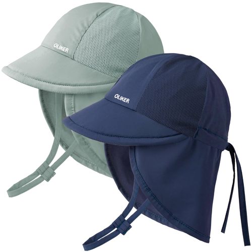 OLIKER 2 Pack Baby Sun Hat with Breathable Mesh, UPF 50+ Quick Drying Unisex Baby Toddler Sun Hat for Summer Beach Swim (6-24M Gray Green + Navy Blue)